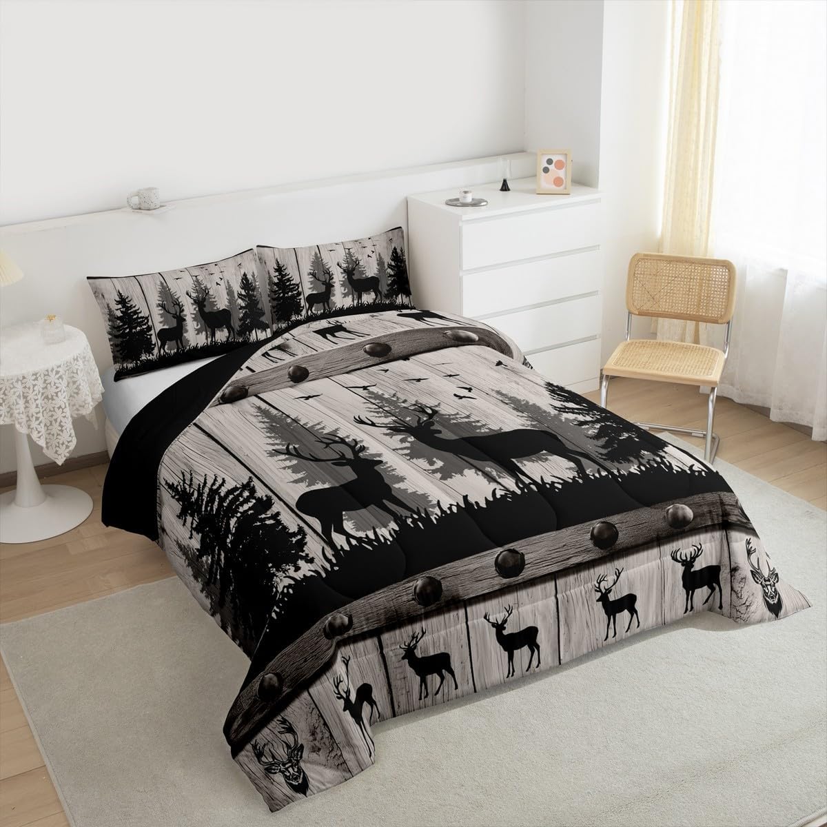 Feelyou Moose Print Comforter Set Queen Size Rustic Cabin Bedding Set for Kids Boys Girls Wildlife Hunting Duvet Quilt Forest Bedroom Decor Microfiber 3 Pcs with 2 Pillow Cases