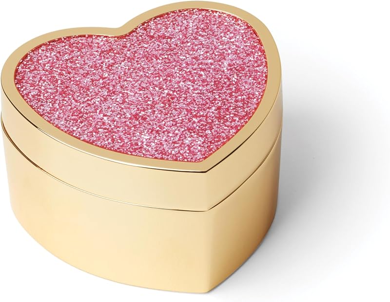 kate spade new york Sitting Pretty Pink Glitter Heart Box | enamelware and stainless steel | 1.75 x 3 inch size | decorative glitter keepsake box gift | 1.75 inch