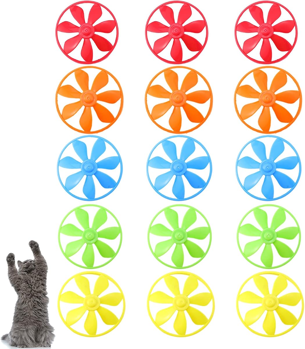 Sumind 15 Pieces Cat Fetch Toys Colorful Flying Propellers Flying Cat Toy | 5 Colors, Cat Chasing Flying Propeller Toy, Flying Toy for Interactive, Exercising, Training, Hunting, Chasing, Batting