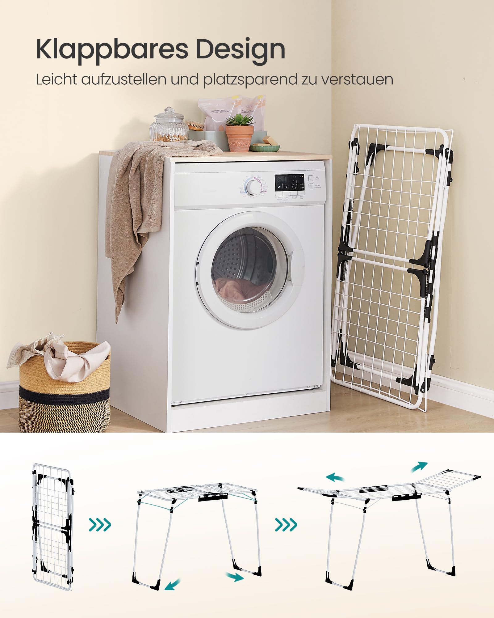 SONGMICS Wäscheständer 2er Set, Standtrockner 52,5 x 173 x 96,5 cm, Flügelwäscheständer, Flügelwäschetrockner platzsparend, mit Sockenhalter, Metall, für Kleidung, Handtücher, weiß LLR518W01V1-2J