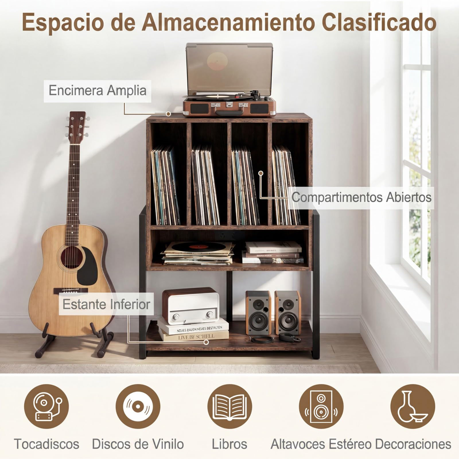 COSTWAY Mueble Tocadiscos con Ruedas, Mesa Auxiliar de Madera para Discos, Marco Metálico con Estante para Vinilos, Mueble para Tocadiscos y Vinilos, Salón y Dormitorio (sin Eschufe,Marrón)