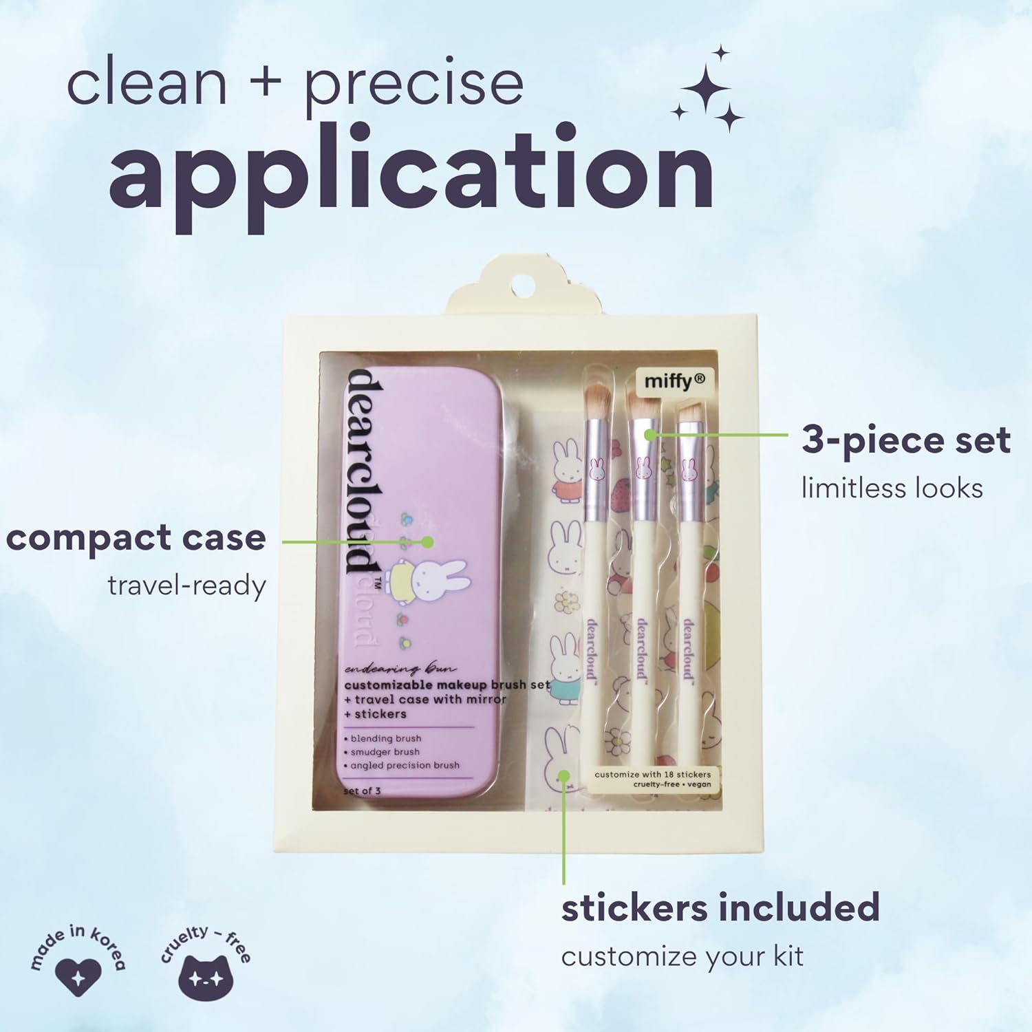 dearcloud Miffy Makeup Brush Set – Blending, Smudger & Angled Precision Brush with Travel Case, Mirror & Customization Stickers (Endearing Bun)