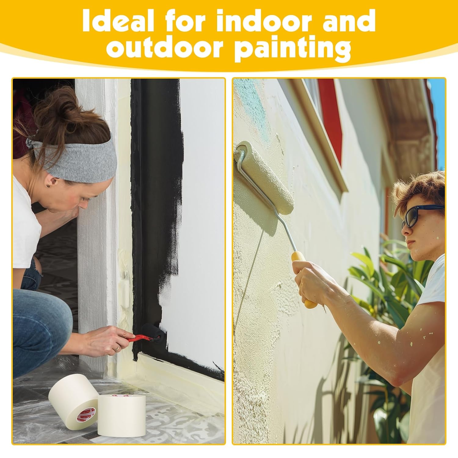 6 Rolls White Masking Tape 3 Inches Wide 2.83In × 55Yd Beige White Painters Tape General Purpose Painters Tape for Wall Painting Masking Packaging, Upgraded Material