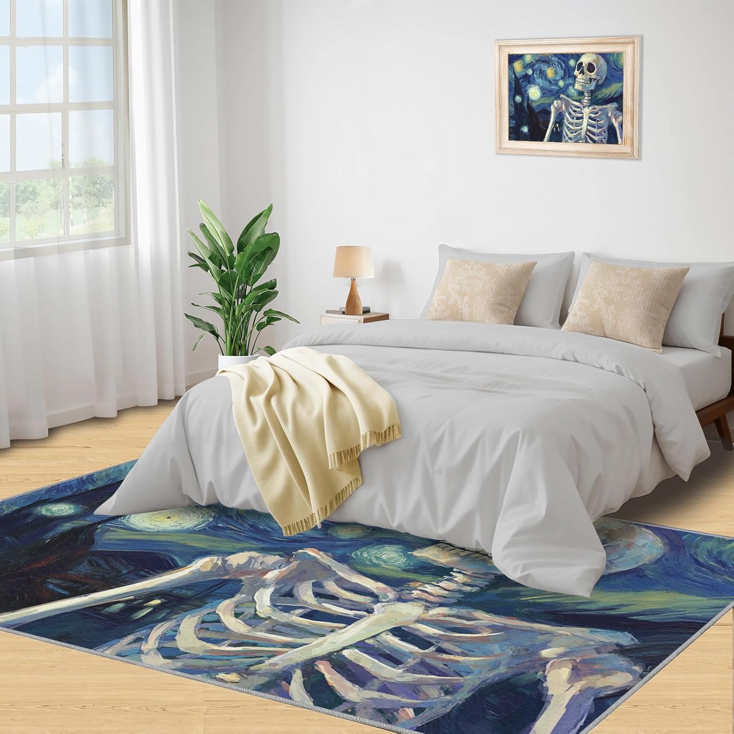 3x5 Area Rug - Starry Night Skeleton Bones Outdoor Rug for Porch, Post-Impressionist Art Oil Painting Area Rug Washable Non Slip for Bedroom Kitchen Living Room Entryway