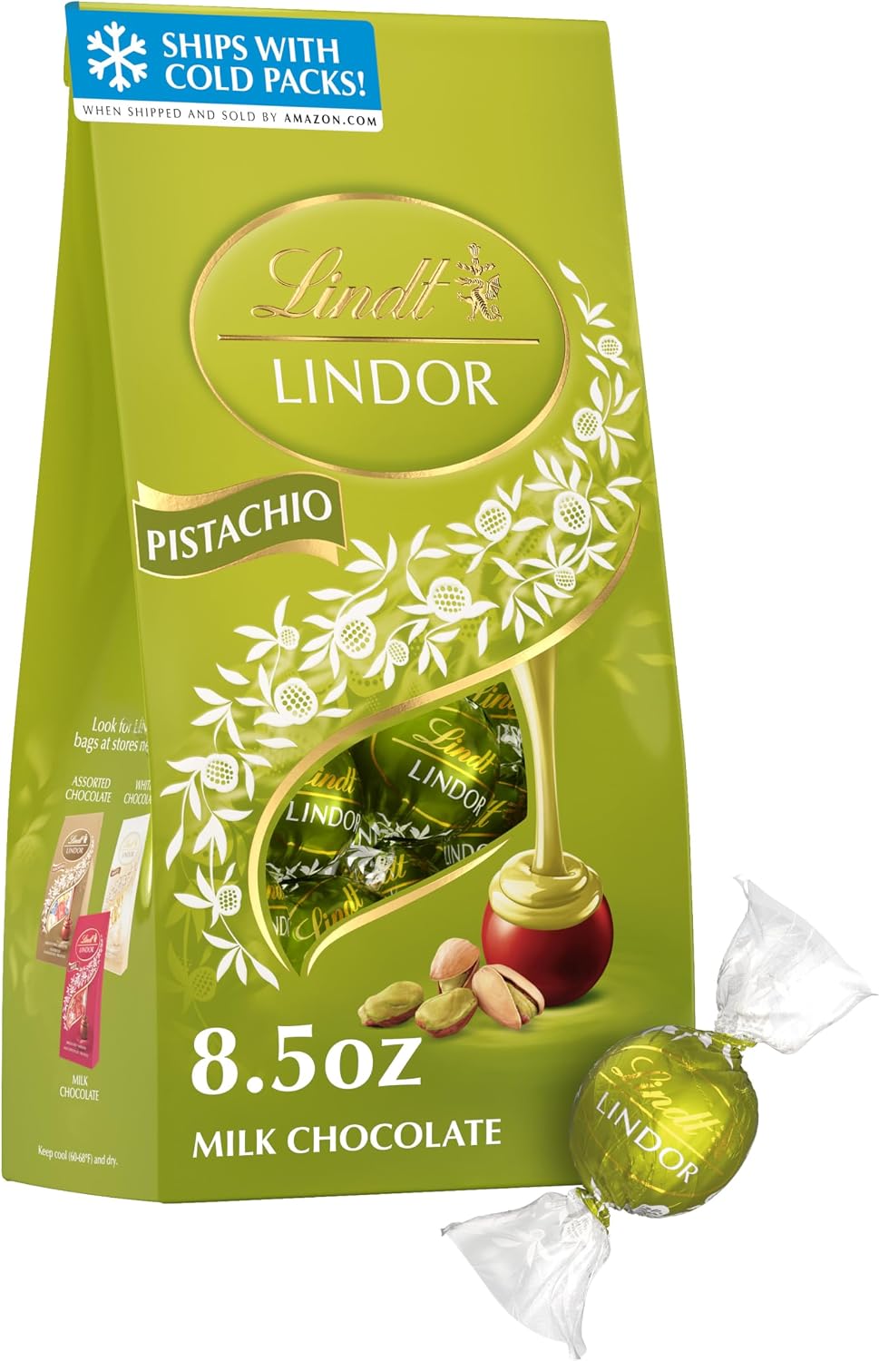 Lindt LINDOR Pistachio Milk Chocolate Candy Truffles, 8.5 oz. Bag
