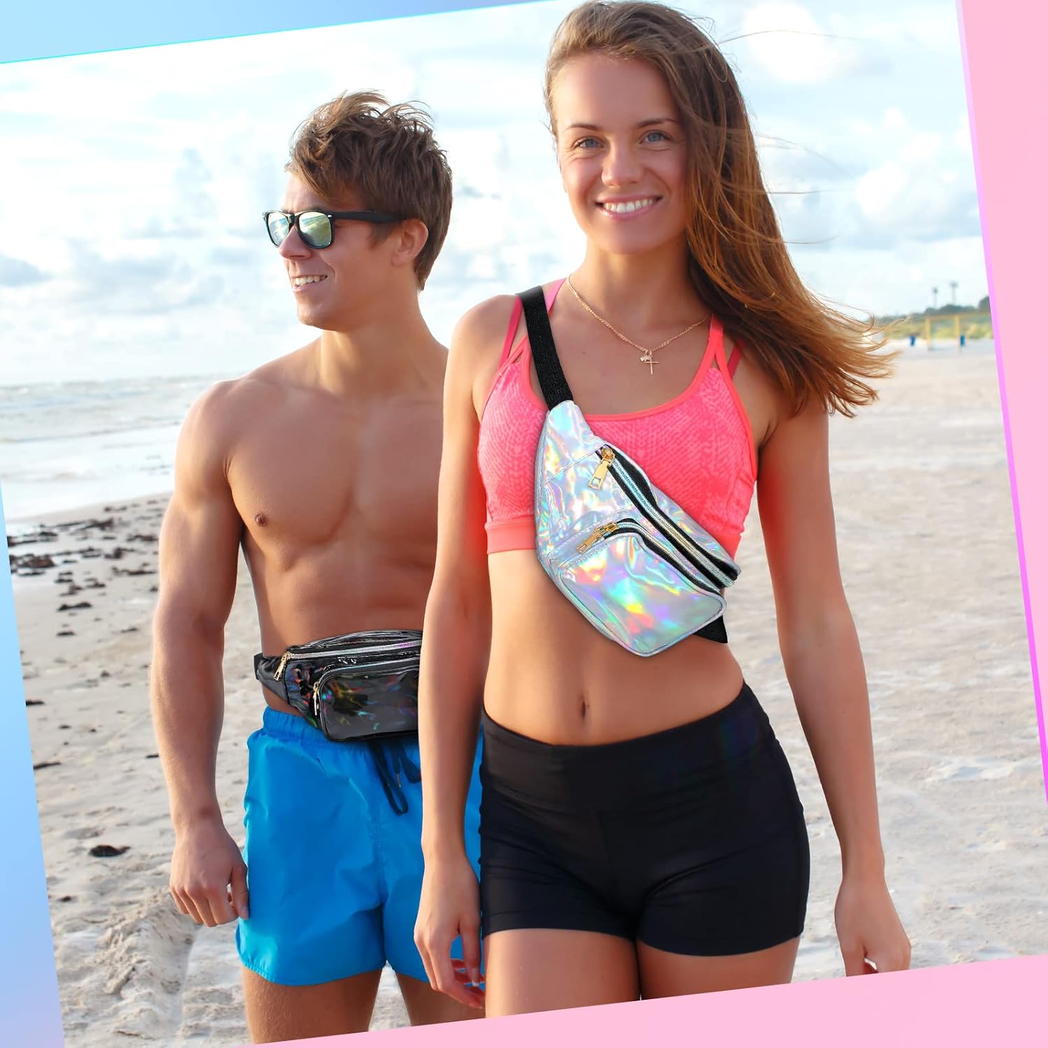 2 Pieces Holographic Fanny Pack Neon 80s Party Belt Bags Festival Neon Shiny Beach Bag with Adjustable Belt for Women Men(White, Black) - Image 6