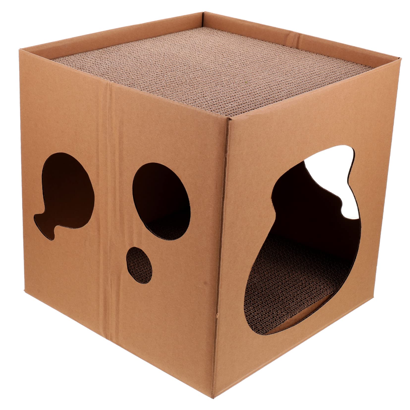 Maison carton pour chat avec griffoir horizontal et rampe stable pour s'amuser