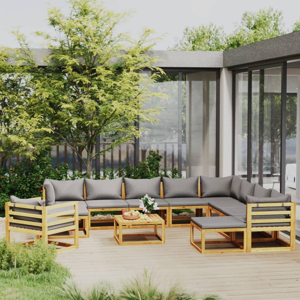 Juego de salón de jardín de madera maciza de acacia con cojines de asiento y respaldo extraíbles, incluye mesa de café con diseño de somier, conjunto modular para jardín
