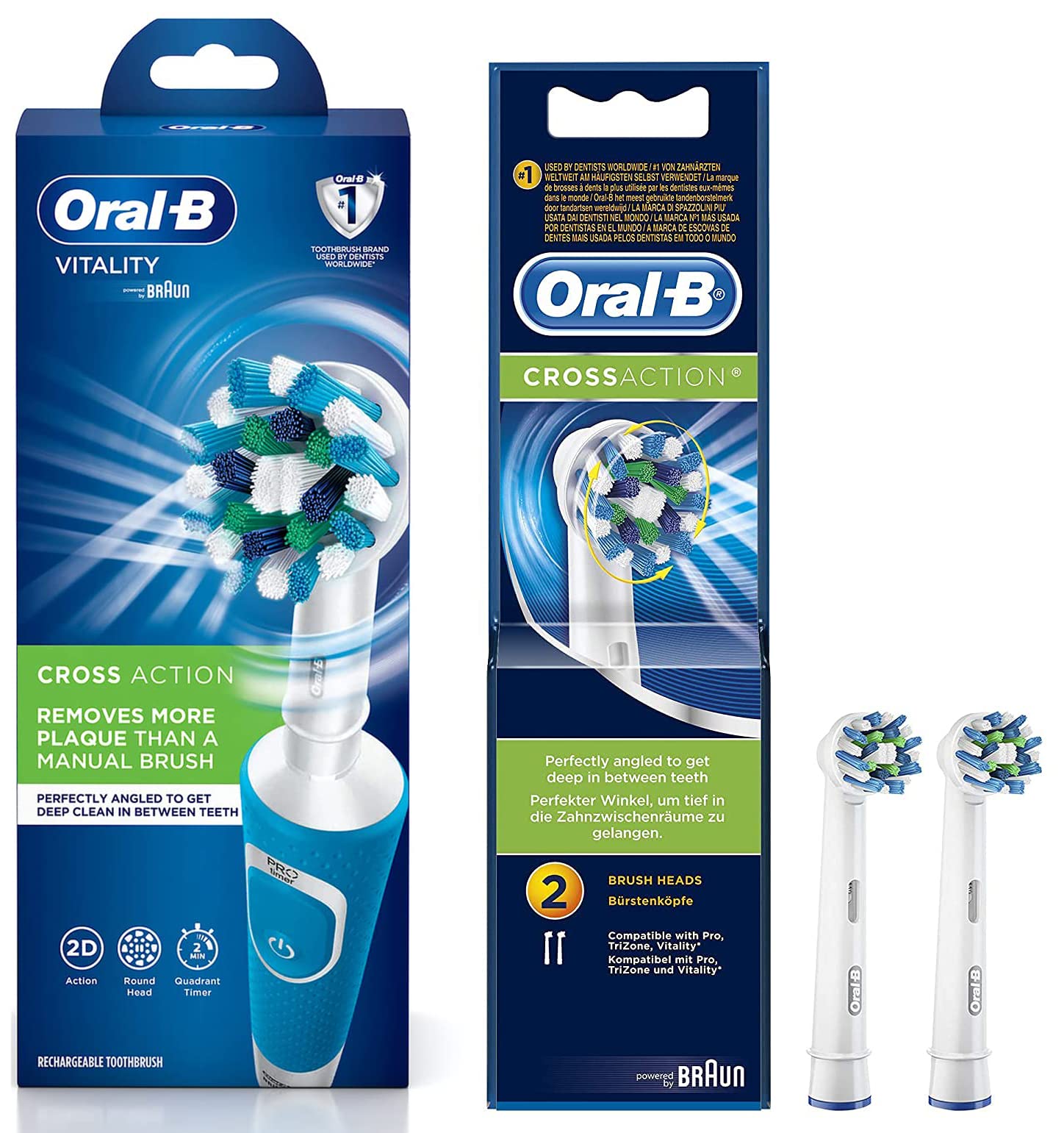 Oral B Vitality 100 Blue Criss Cross Electric Rechargeable Toothbrush Powered by Braun & Oral B Cross Action Toothbrush Heads Pack Of 2 Replacement Refills For Electric Rechargeable - Oral Care Combo-image-45