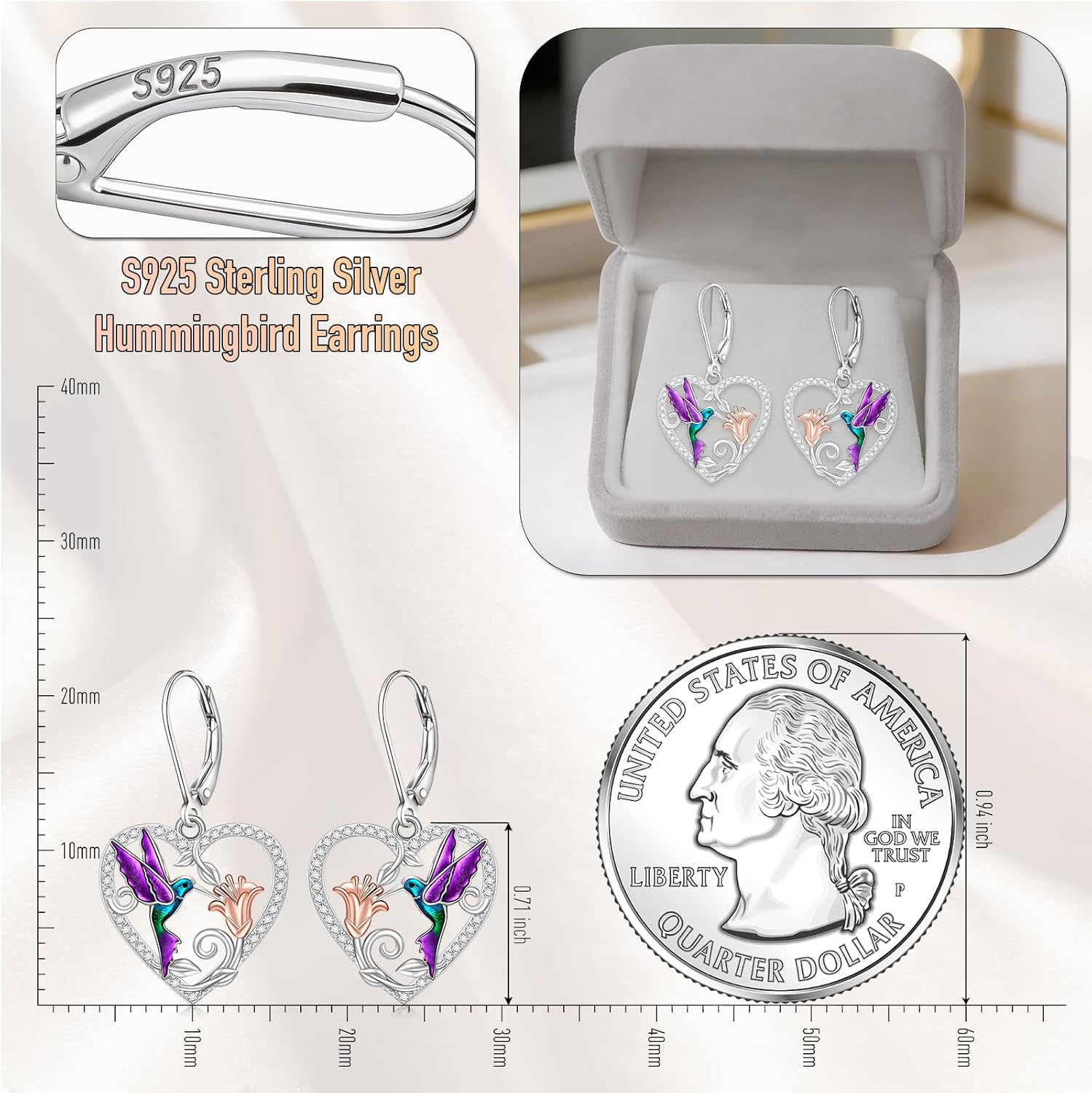 Hummingbird Earrings 925 Sterling Silver Purple Hummingbird Earrings for Women Dangle Cute Heart Bird Flower Jewelry Christmas Mothers Day Gift