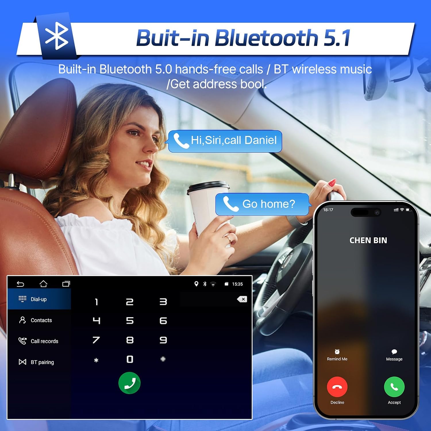 Image showing a driver using the car radio for a hands-free call via Bluetooth, with a phone dial pad and call screen displayed on the unit.