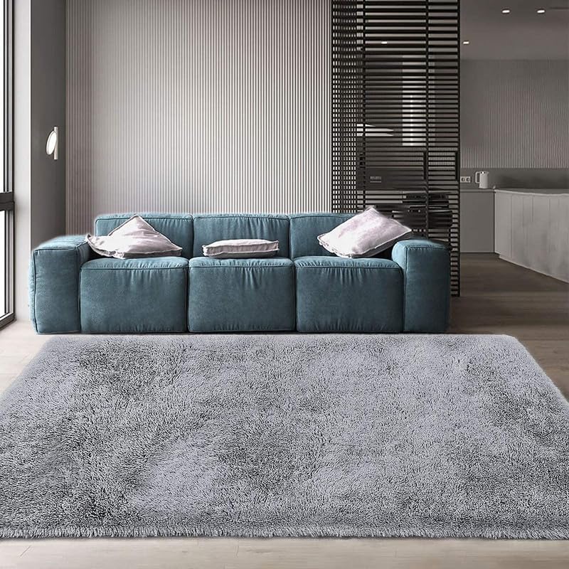 Image of FIASCO Polyester Shaggy Bedside Runner, Soft Indoor Modern Shaggy, Soft Rugs for- Living Room, Dinning Room, Office, Bedroom & Hallway Carpet Rugs Size 4X6 Silver