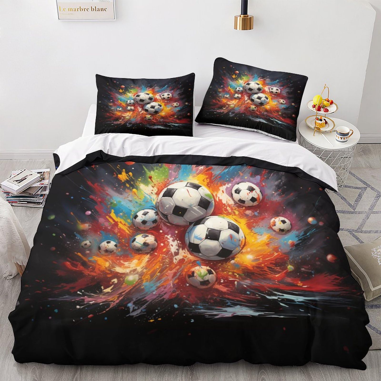 Housse de couette foot 3 pièces lit 2 personnes parure thématique sport 3D