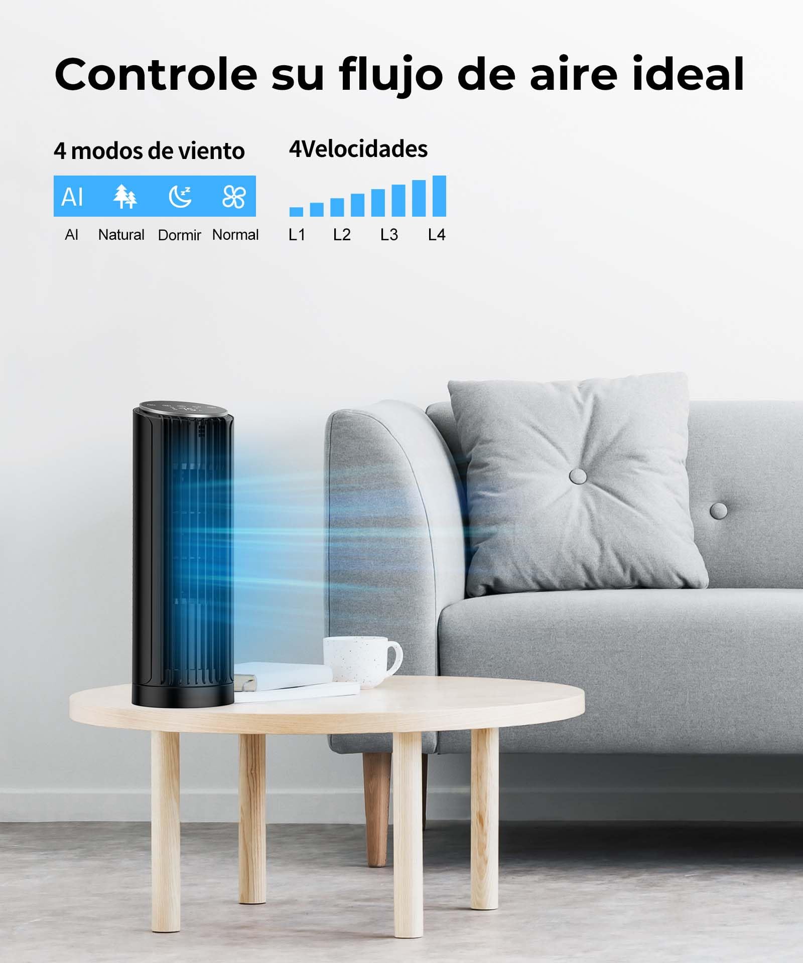 PNTCK Ventilador Torre con Mando a Distancia, 33 cm Ventilador Ultra Silencioso (24 dB) - 4 Modos y 4 Velocidades, Oscilación 70°, Temporizador 12H, Pantalla LED, Función Automática con Sensor