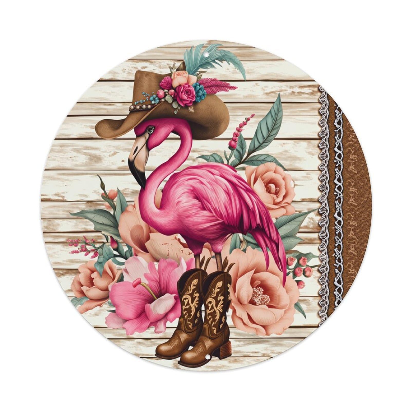 Flamingo Cowboy Hat Boots Flowers Round Tin Sign Vintage Metal Poster, Home Bar Garage Man Cave Cafe Indoor & Outdoor Wall Decoration 8x8Inches