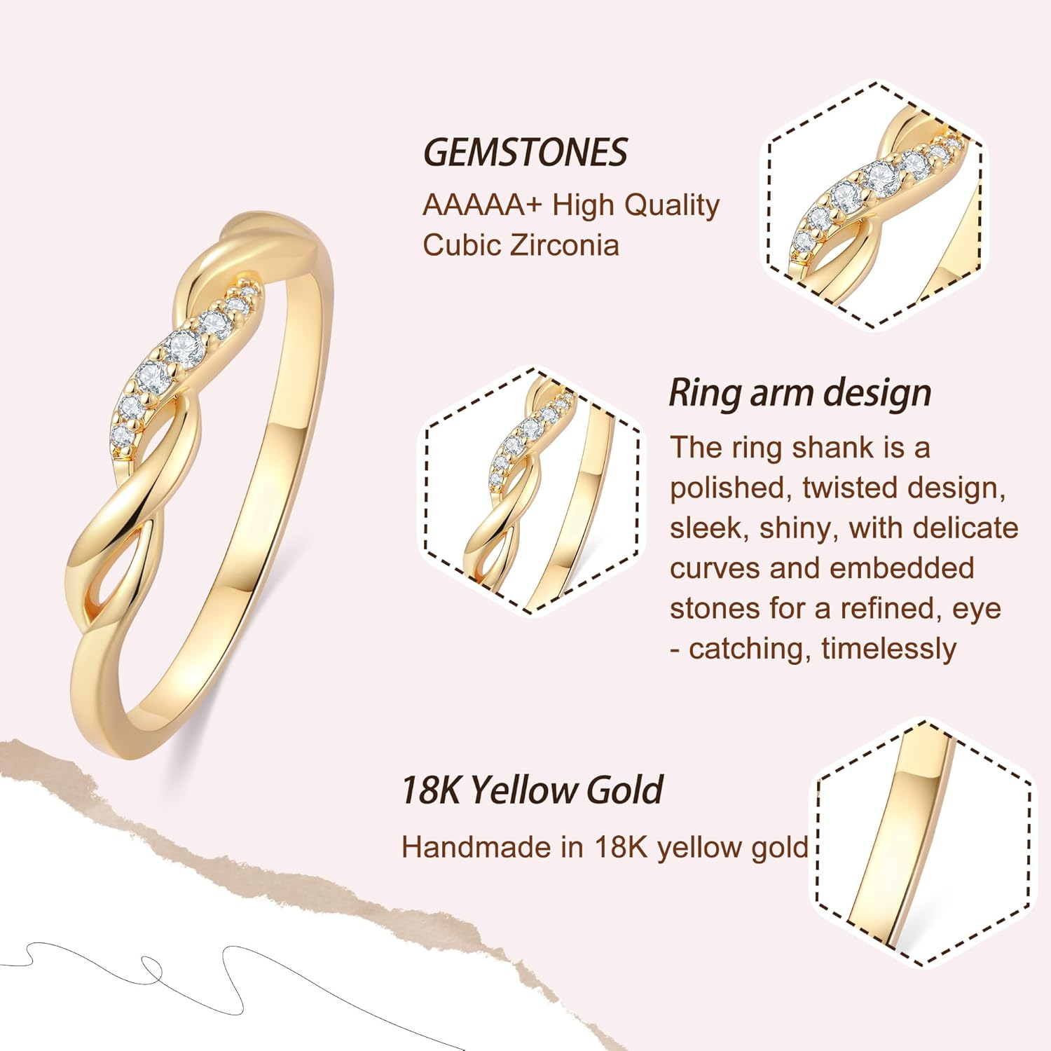 Aurora & Fiori 18K Yellow/White Gold Plated Wedding Band for Women Cubic Zirconia Half Eternity Stackable Engagement Ring Twisted Half Eternity Wedding Rings Size 4-10 - Image 3