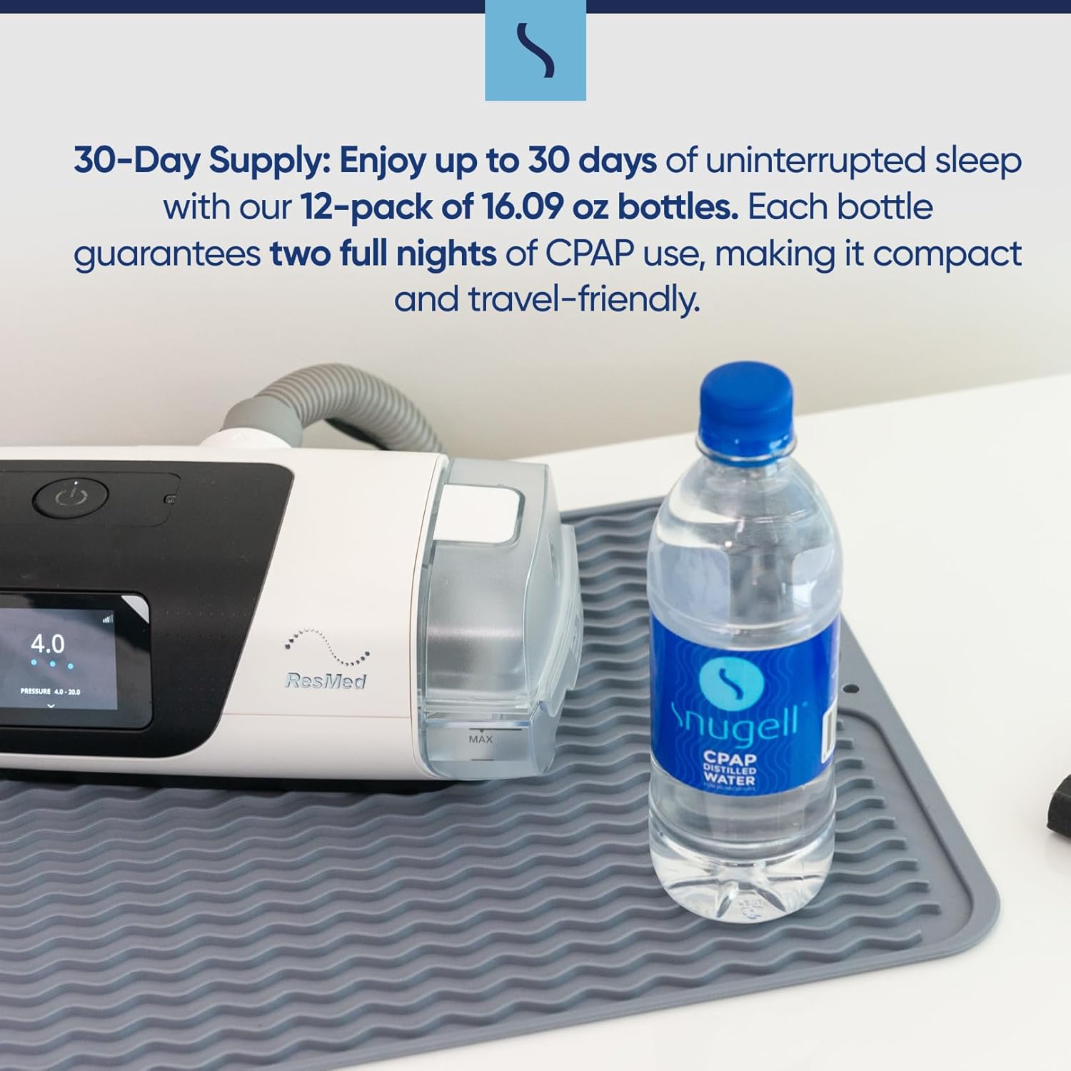 Snugell Distilled Water for CPAP Machines - Travel Size Bottles, Clean Multi-Use Hydration - Made in USA, Up to 30 Days Supply - 16.9 Fl Oz (Pack of 12)
