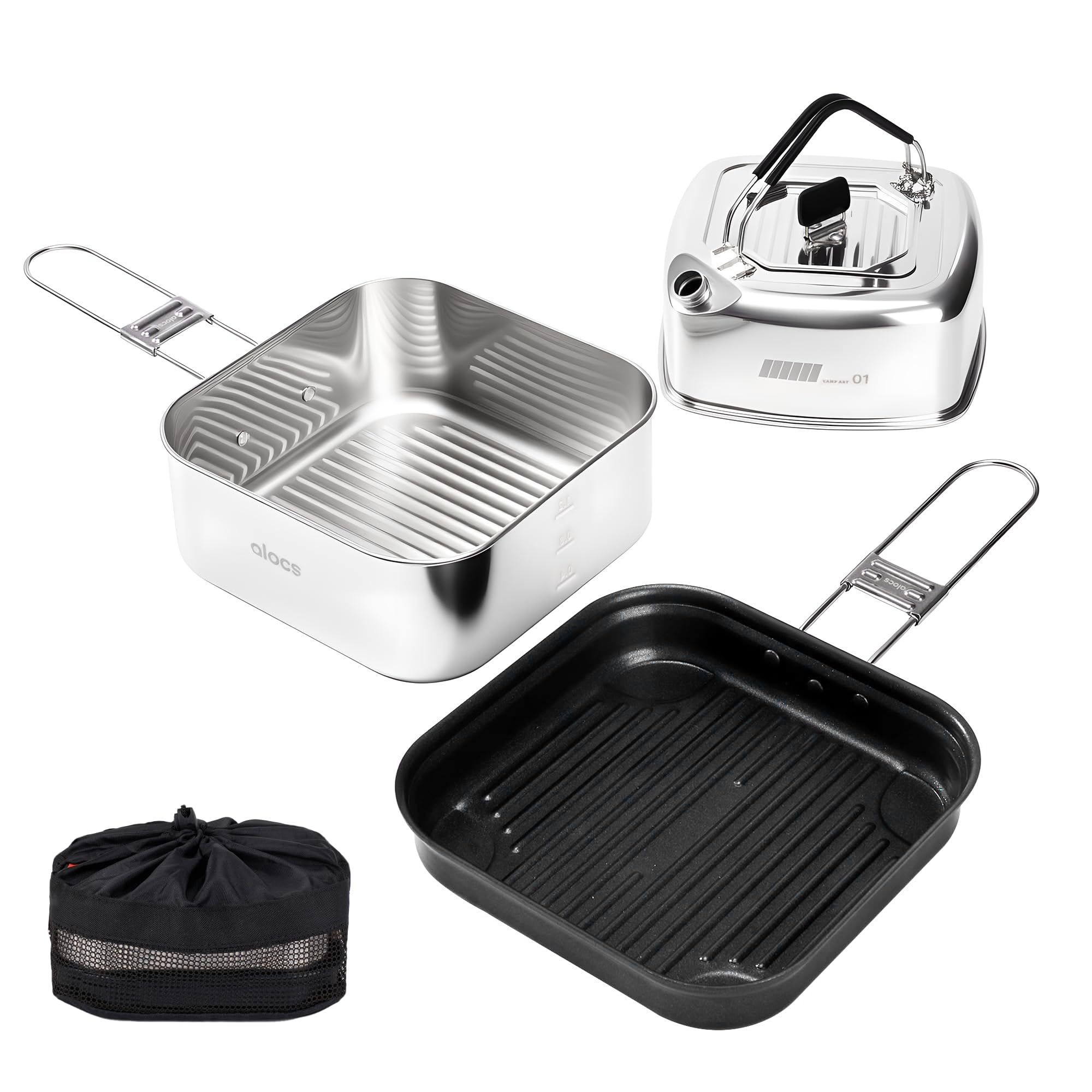 ALOCS Camping Cookware Set, Stainless Steel Pot, 7-inch Non-Stick Pan, Portable Kettle, Outdoor Cooking System with Carry Bag for Kitchen, Picnic, Hiking, Backpacking,Fishing and Campfire