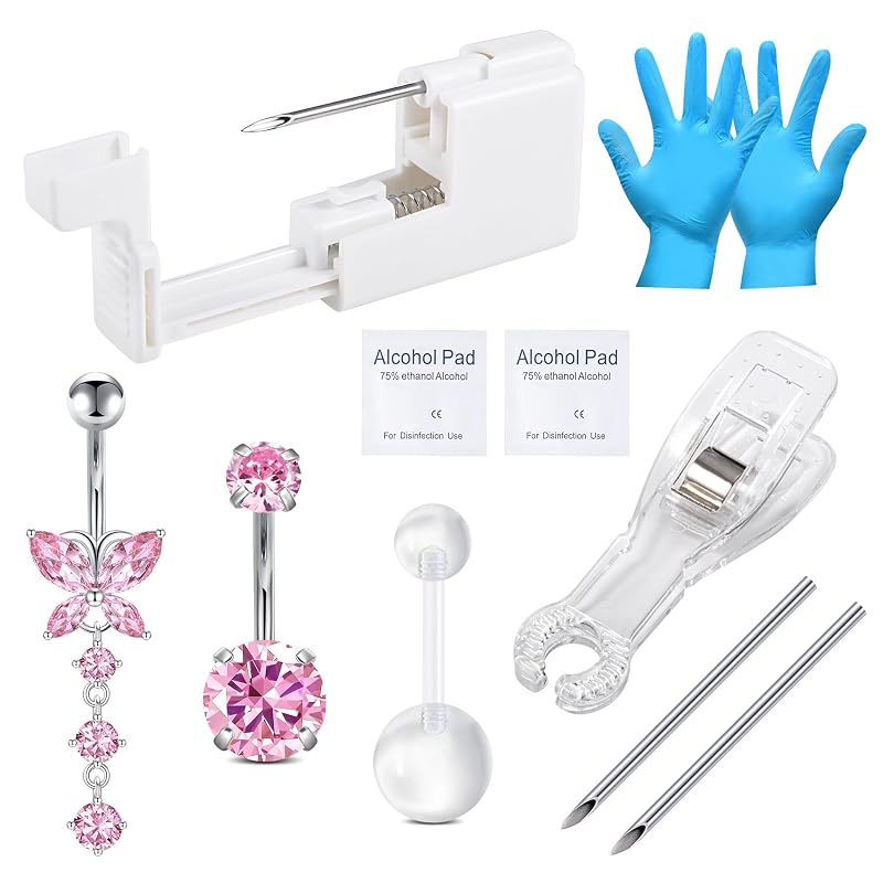 Kit DJCIW para Piercing de Umbigo Rosa com Pistola, Agulhas 13G e Anéis 14G de Aço Inoxidável 316L, 10 mm