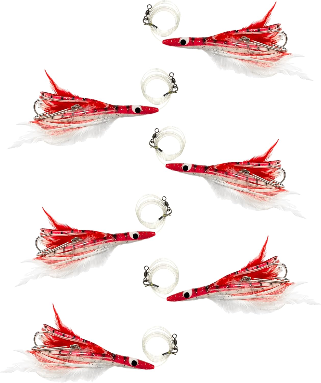 6" Tuna Clone Feather Rigs,Red/White for Offshore Trolling, Skirted Feather Design, Ideal for Tuna, Mahi & Other Pelagic Species