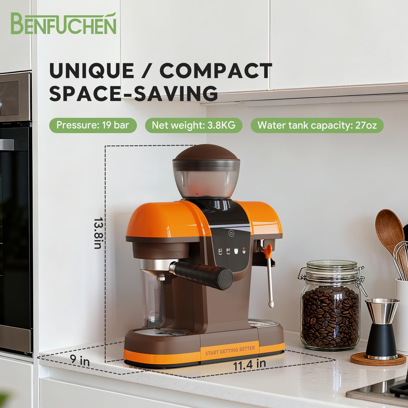 Cafetera expreso con molinillo, 20 bares, 20 grados de molienda, pantalla táctil, espumador de leche, recipiente de granos de 220 g, depósito de agua de 800 ml, filtro de café y café expreso
