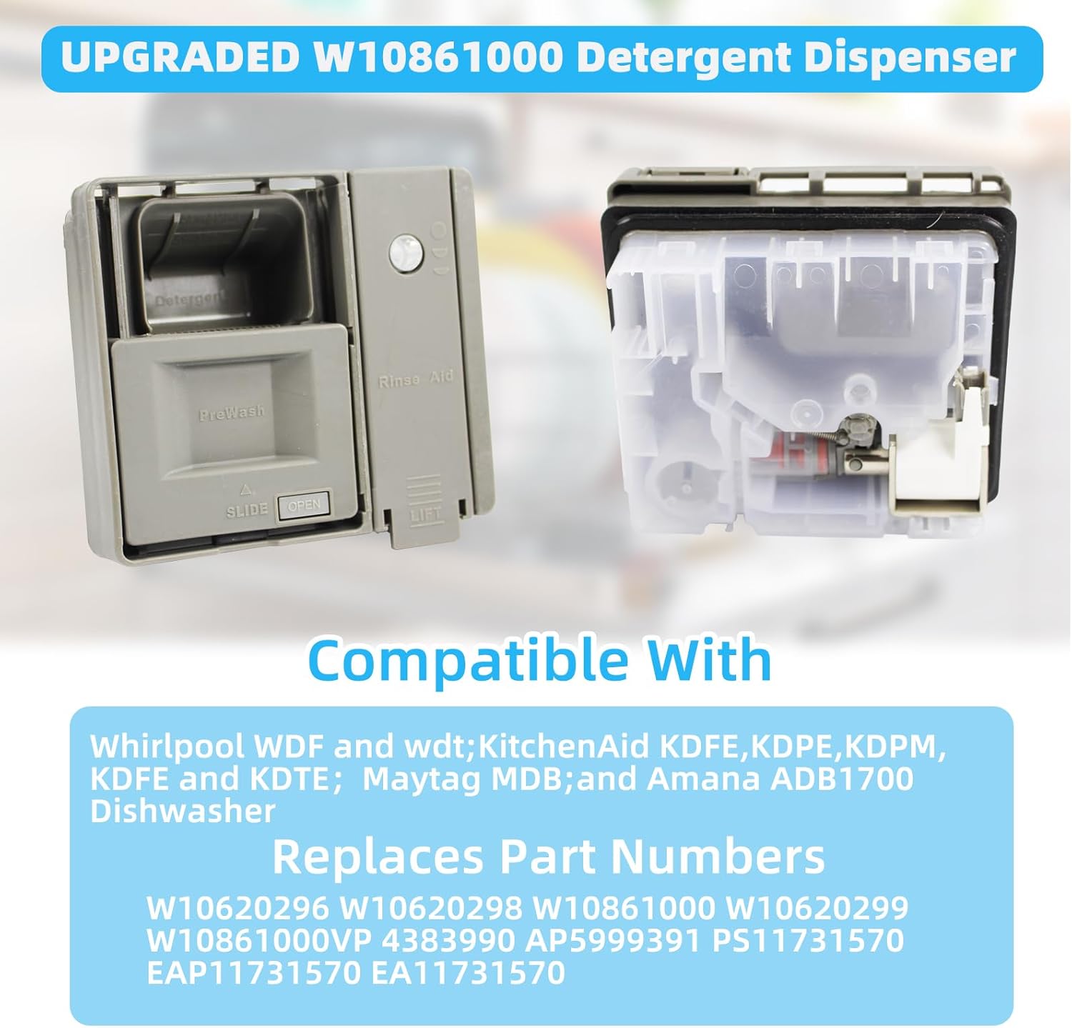 Image showing the W10861000 dispenser alongside another part, with text indicating compatibility with Whirlpool, KitchenAid, Maytag, and Amana dishwashers and listing various replacement part numbers.