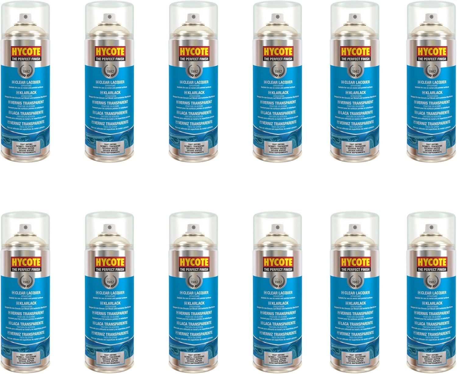 Hycote Klarlack Spray Glänzend 400 ml (12er Pack) – Schnelltrocknender Acryl Klarlack zur Versiegelung und Schutz von Lackoberflächen, hohe Deckkraft, für Metall, Kunststoff, Keramik und Holz