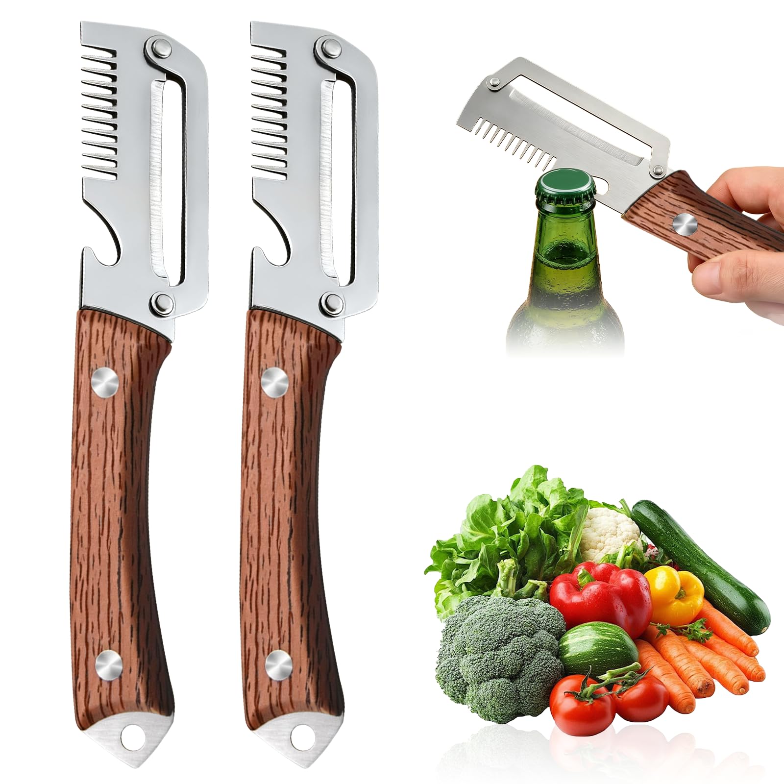 Stainless Steel Vegetable Peeler with Wooden Handle, 2-in-1 Multifunctional Tool with Bottle Opener, Ergonomic Potato Peeler & Fruit Slicer, Sharp Blade for Carrot, Apple, Easy Grip Kitchen Tool (2-Pa