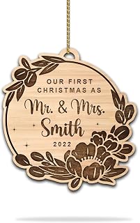 HYTURTLE Personalized Christmas Ornament Tree Decoration Gifts for Husband Wife Newlywed Couple - Our First Christmas As Mr. & Mrs. Custom Name - Married Couple Xmas Keepsake Cut Wood Ornament