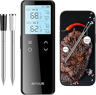 BFOUR Bluetooth & WLAN Fleischthermometer, Kabelloses Grillthermometer mit 2 Sonden 6 Sensoren, 100% Wasserdichtes,±0,1°C Genauigkeit, Fleischthermometer Kabellosfür Grill, Ofen, Braten – BF-80