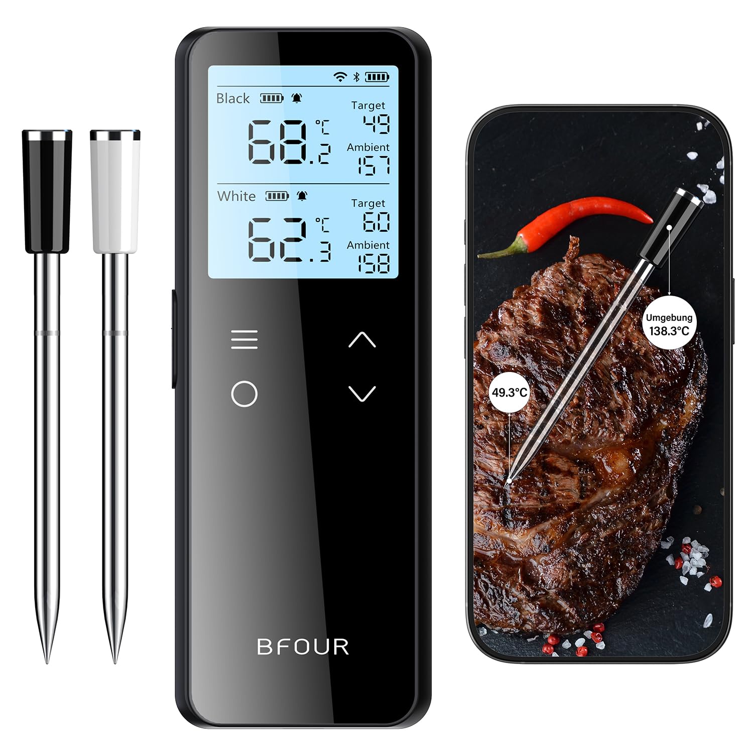 BFOUR Bluetooth & WiFi Meat Thermometer, Wireless Grill Thermometer with 2 Probes 6 Sensors, 100% Waterproof, ±0.1°C Accuracy, Meat Thermometer Wireless for Grill, Oven,…