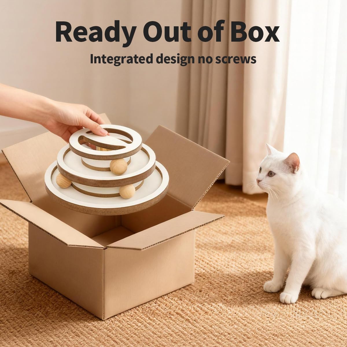 Lulu's world Premium Wooden Cat Ball Track Toy – Modern White & Wood Design – 11-Inch Extra Large Base – Fully Assembled Interactive Puzzle Tower with 2 Balls for Indoor Cats