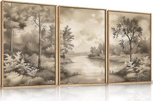 Lienzo enmarcado de paisaje de árbol de acuarela, juego de arte para pared, paisaje retro de bosque natural, decoración de pared, decoración de