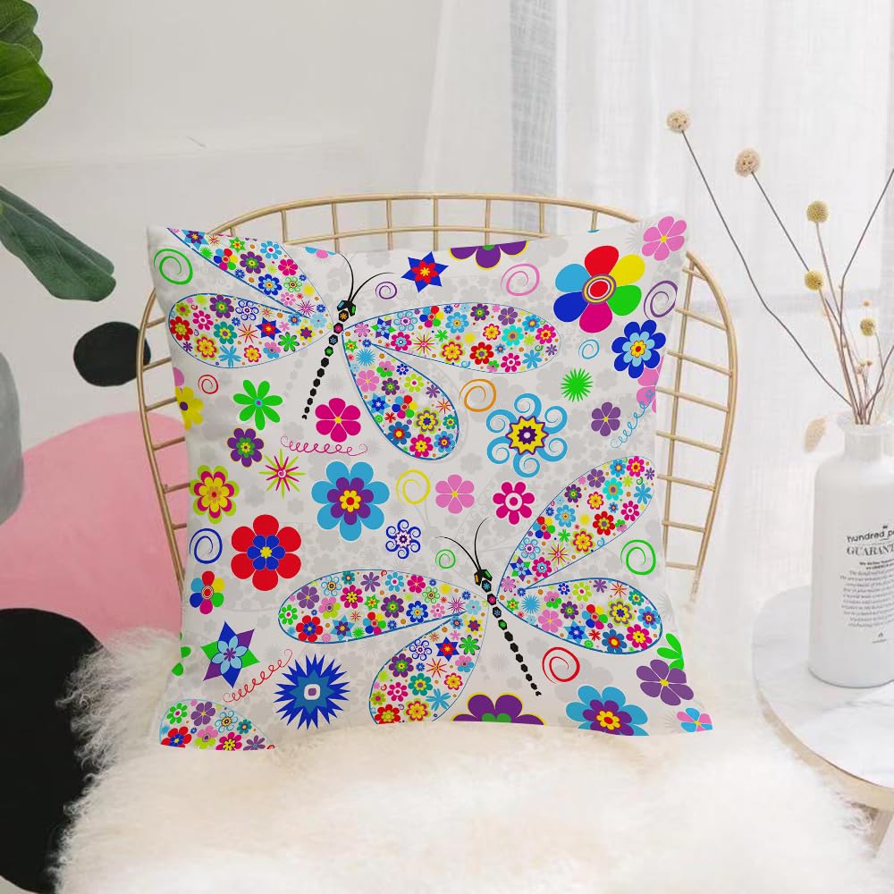 Hyosxw Seamless Pattern With Multi-Colored Dragonfl - A1 Cushion Cover,Throw Pillow Case Home Decorative For Living Room Bedroom Sofa Chair 18X18 Inch,Seamless Pattern With Multi-Colored Dragonflies On Gray Background With Flowers,Pillowcase 45X45cm