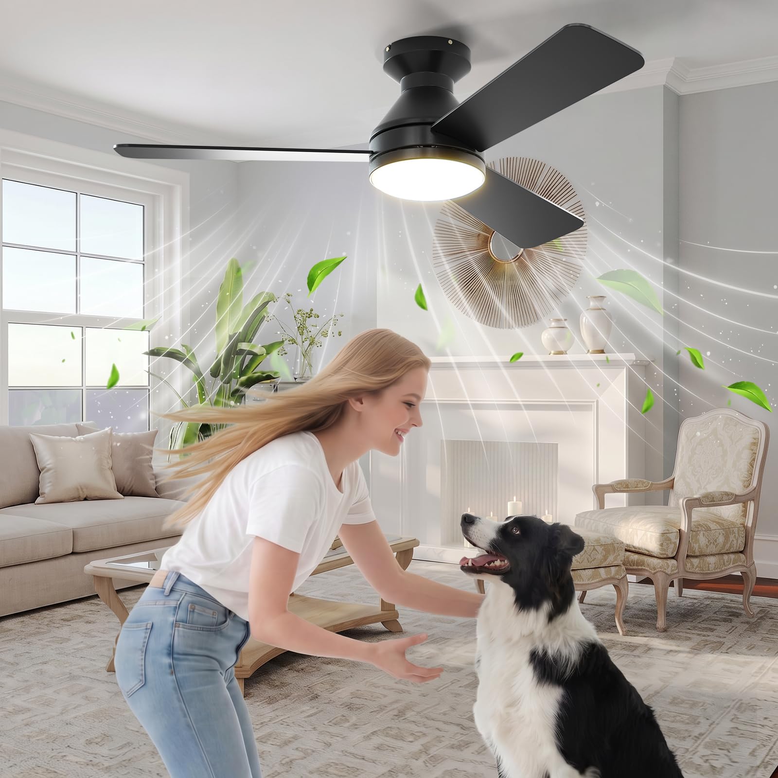 Passky Deckenventilator mit Beleuchtung Fernbedienung107cm Schwarz | 3 Flügeln LED Leiser DC-Motor Timer 3 Farbtemperaturen 6 Geschwindigkeiten Umkehrbar Sommer Winter Wohnzimmer Schlafzimmer