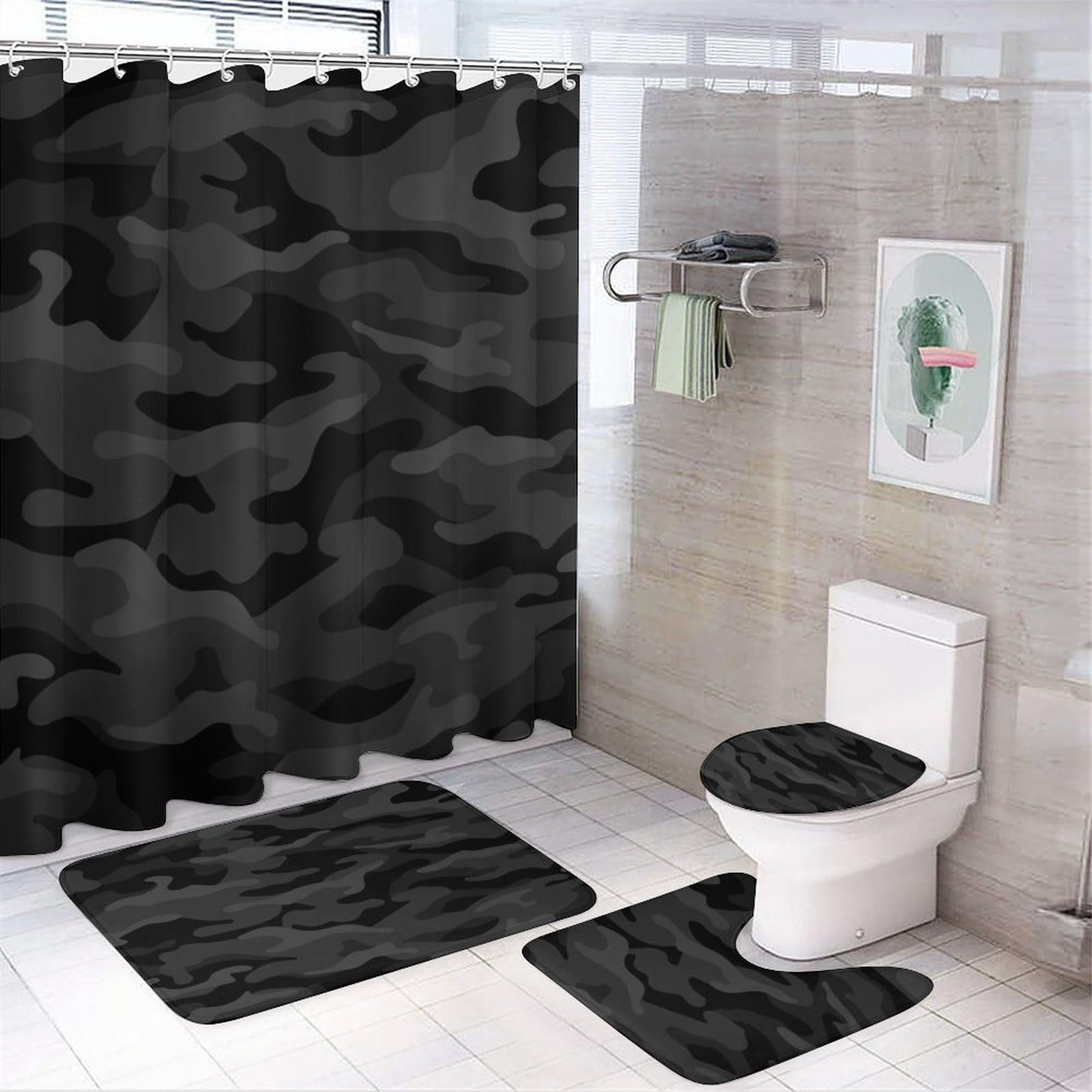 Abstract Black Camo Shower Curtain Sets 4 Piece,Modern Hunting Theme Military Room Decor Army Camouflage Bathroom Decor Sets with Rugs Include Waterproof Non-Slip Toilet Lid Cover Bath Mat
