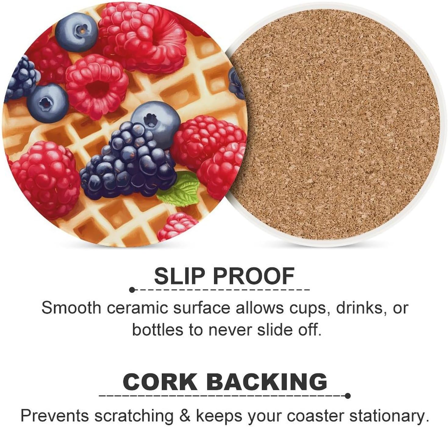 Waffle with Berries Round Ceramic Coasters for Drinks Absorbent Cup Holder Tabletop Protector with Cork Base