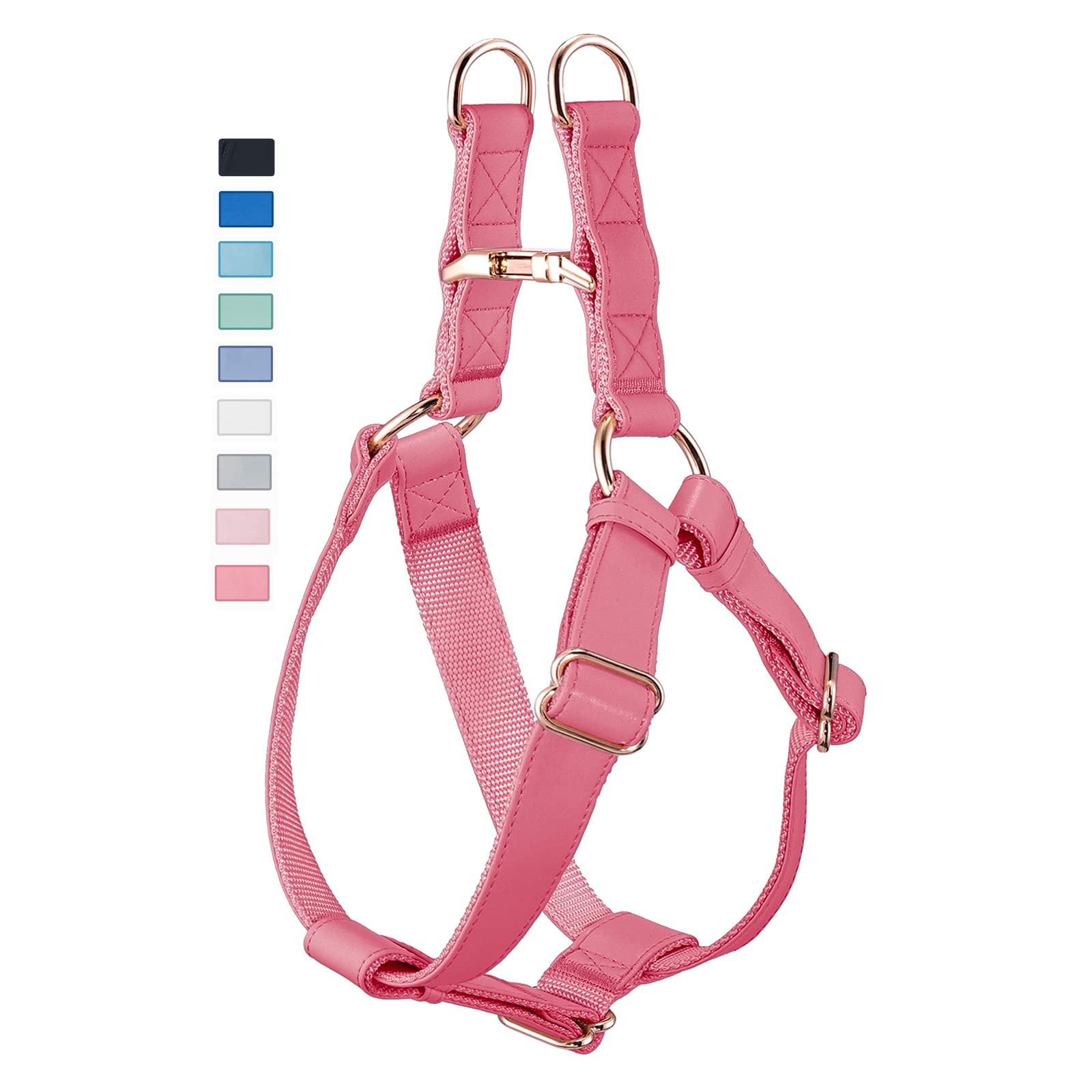 AaufiLux Soft Leather No Pull Dog Harness - Adjustable Step In, Rose Gold Buckle, Freedom Nylon Dog Halter Vests for Medium Dogs, Dark Pink