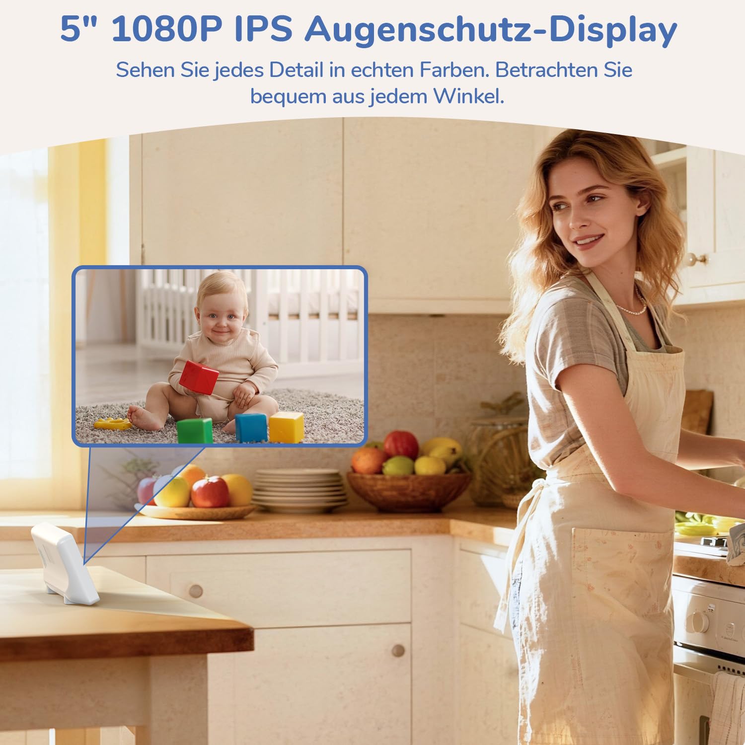 Ohne WLAN 5" IPS Babyphone mit Kamera, 1080P Babyphone, HDR Nachtsicht, VOX Modus & 3X Zoom, Zwei-Wege-Audio babyfon, Temperaturanzeige, 8 Schlaflieder Baby Monitor
