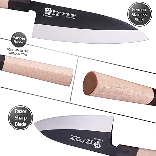 Miniatura 2 de WILDMOK Cuchillo Deba de 7 pulgadas, cuchillo asiático de salmón Usuba, cuchillo Sashimi, hoja de acero inoxidable alemán y mango de madera