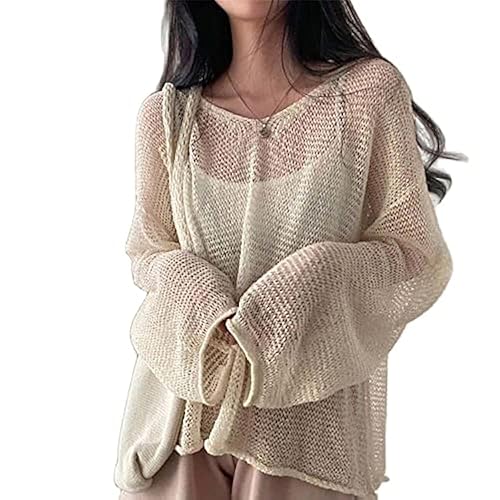 Sumleno 2024 Fairycore Cottagecore Clothing Fairy Grunge Aesthetic Crochet Top for Women Knitted Hollow Out Sweater Pullover - One Size - Beige