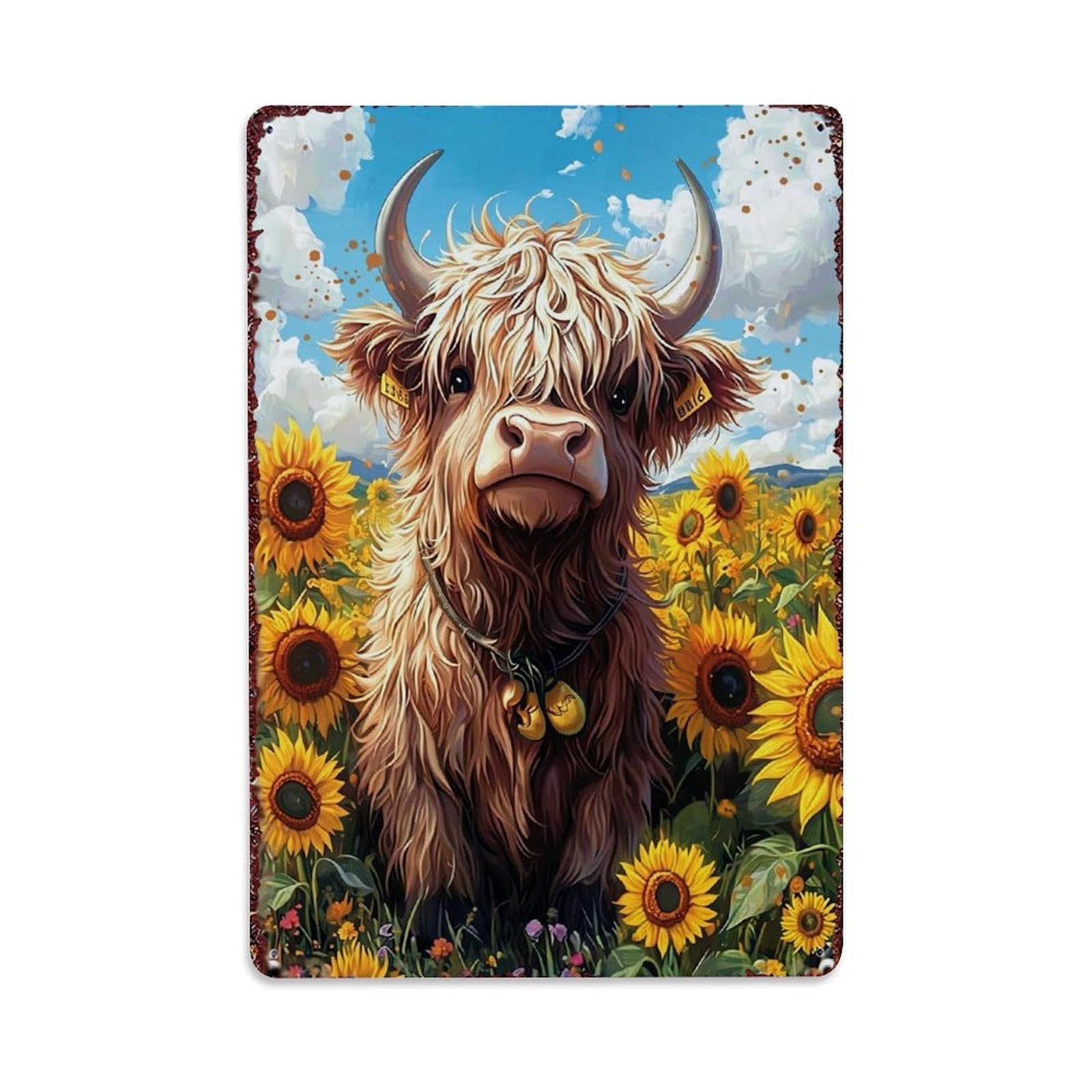 Sunflower Field Highland Cow Retro Metal Tin Sign, Vintage Decor Art Poster for Bar, Home, Man Cave, Kitchen, Laundry Room Gift 8x12Inch