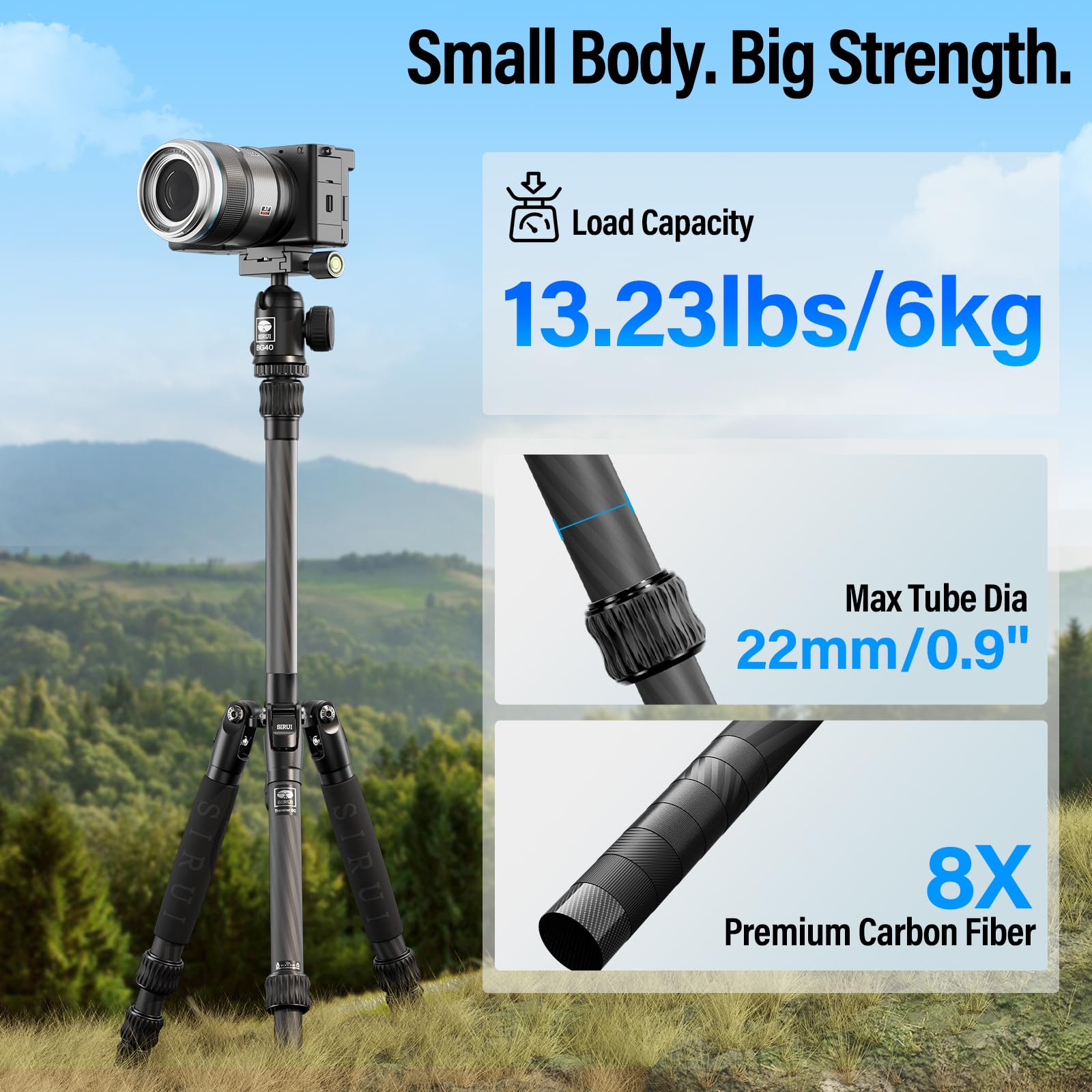 SIRUI AM-5C Treppiede da Viaggio in Fibra di Carbonio, 140cm/55.1" Treppiede per Fotocamere con Testa a Sfera Panoramica a 360°, QR Plate, Colonna Centrale Rimovibile, Carico Fino a 10 kg/22 lb