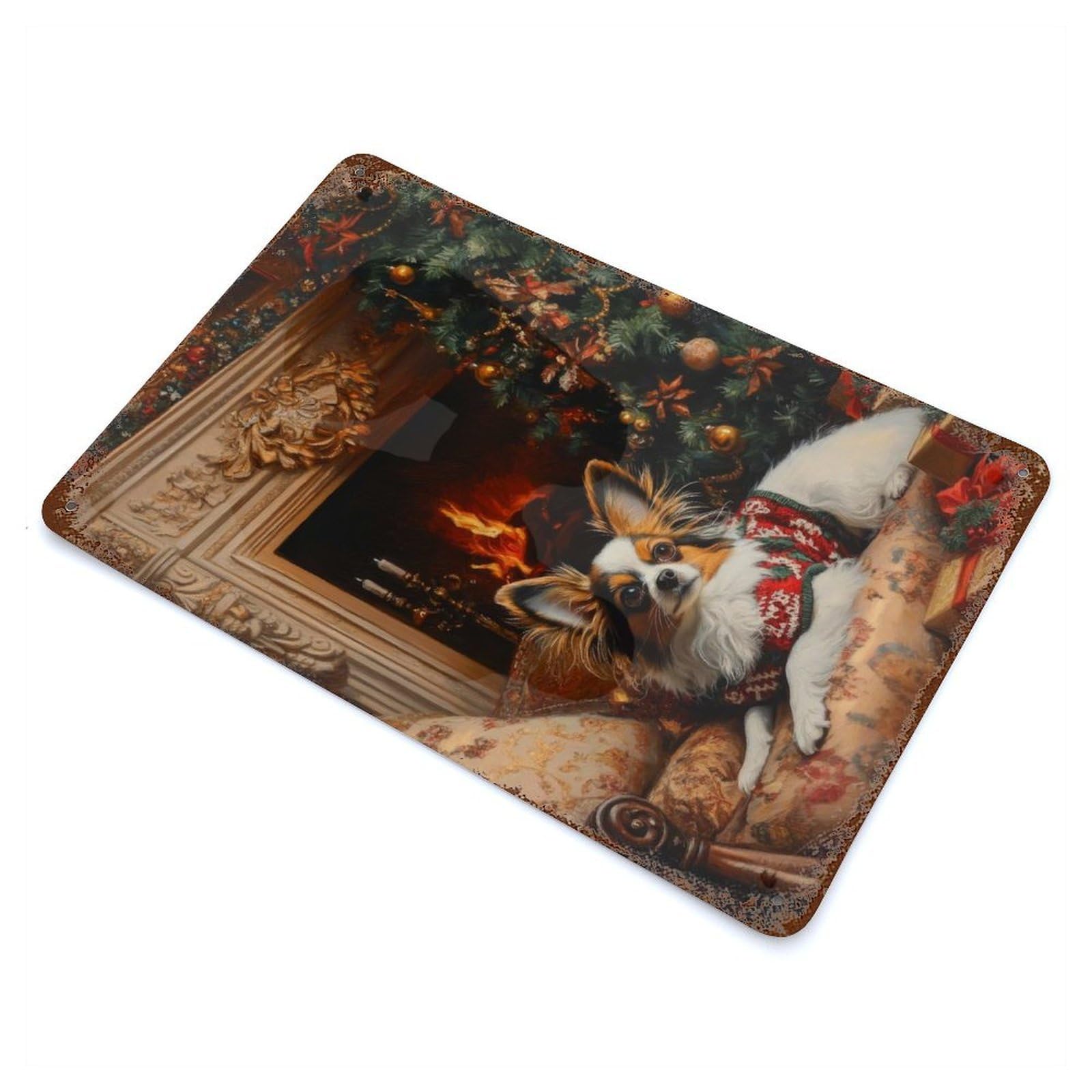 Garage Style Papillon Dog by Fireplace Elegant Christmas Dog Art Vintage Rust Metal Sign 11.8"x7.9", Industrial Home Decor for Bar And Workshop