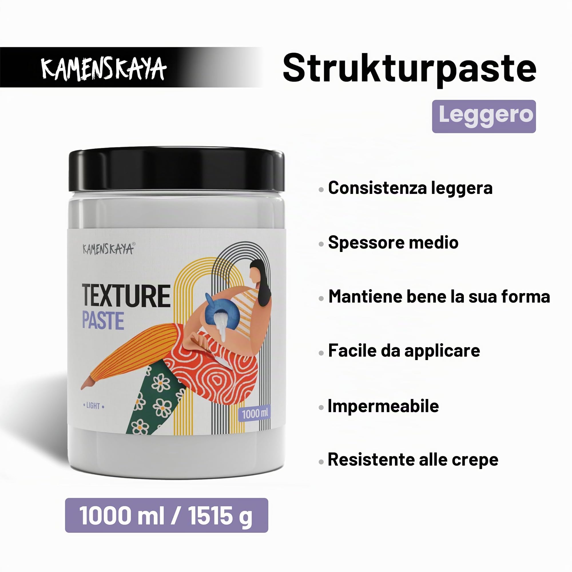KAMENSKAYA Pasta strutturale liscia 1,5 kg – Pasta modellante per pittura acrilica – Pasta per texture professionale