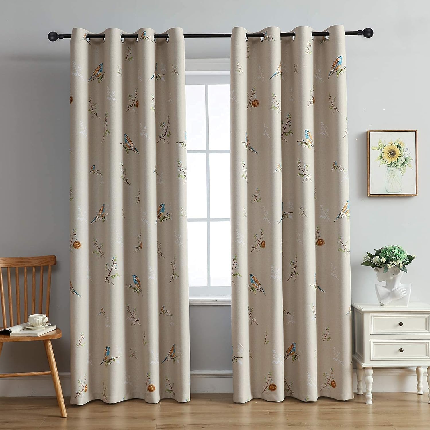 Birds Blackout Curtains for Bedroom 96 inches Long Farmhouse Patterned Floral Window Drapes for Living Room 2 Panels Khaki