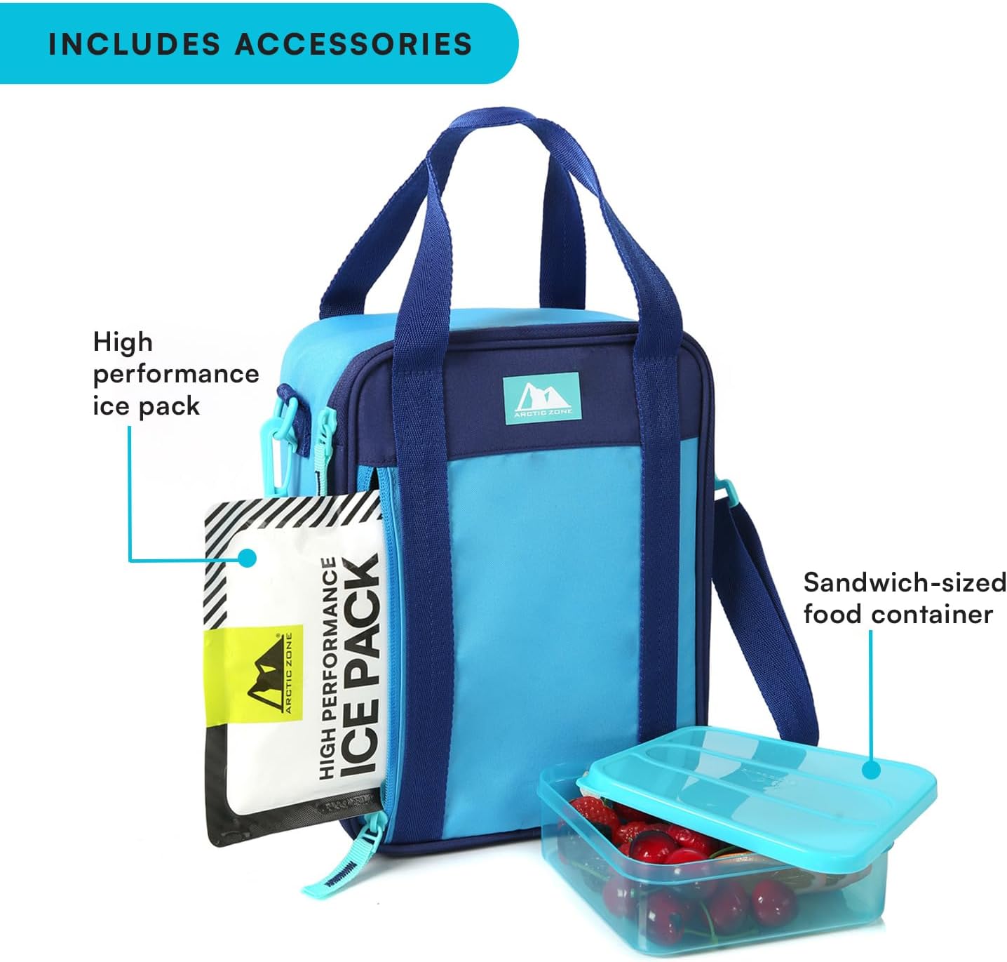 Arctic Zone Urban Lunch Box Combo for Kids with Gel Ice Pack and Sandwich Container, Insulated Bag with Adjustable Strap, True Blue