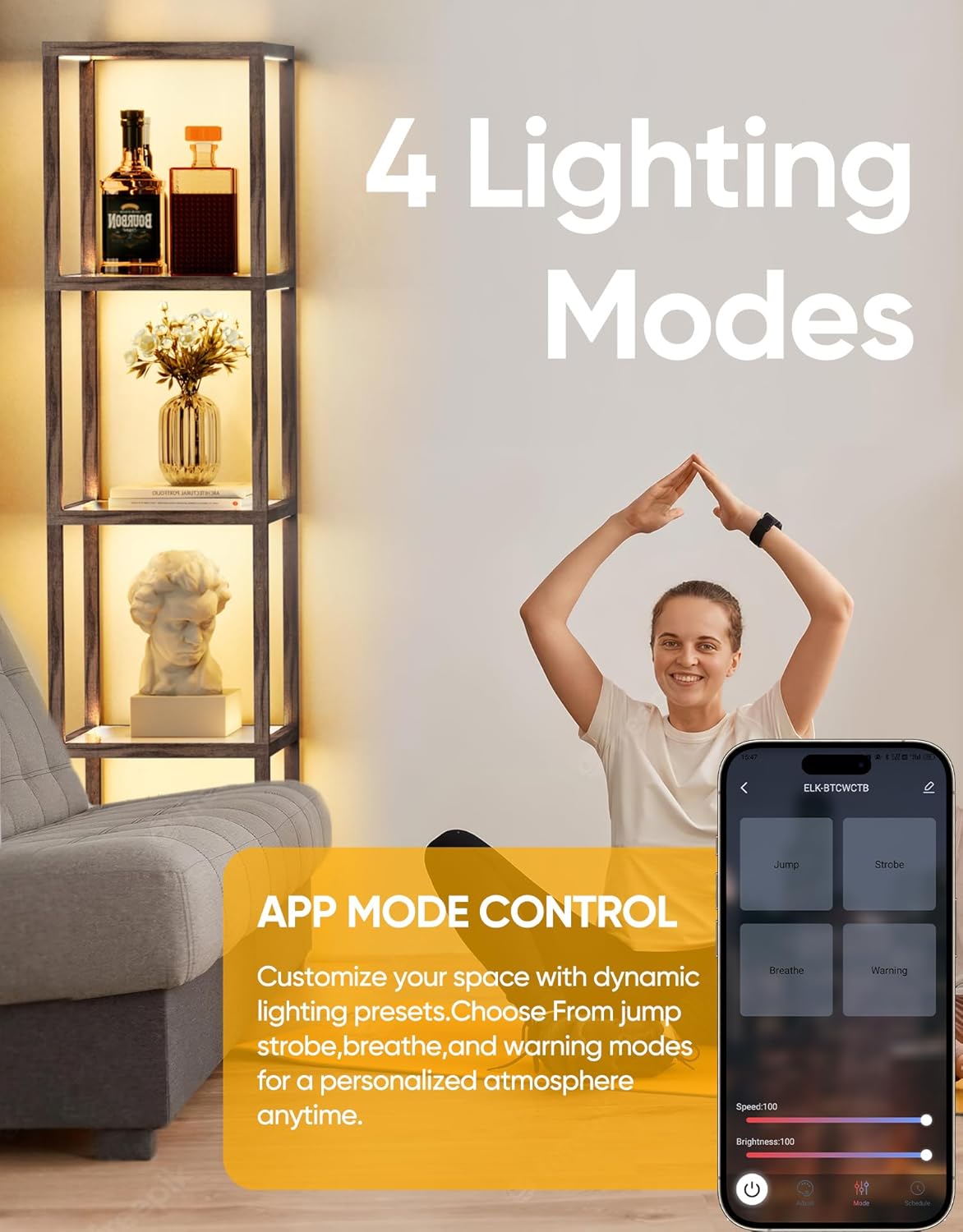 PARTPHONER Floor Lamp Glass Display Shelf with Remote/APP Control, Dimmable LED Floor Lamp with Shelves, Open Display Cabinet, Color Temp Control (2700K-6000K), Oak Gray