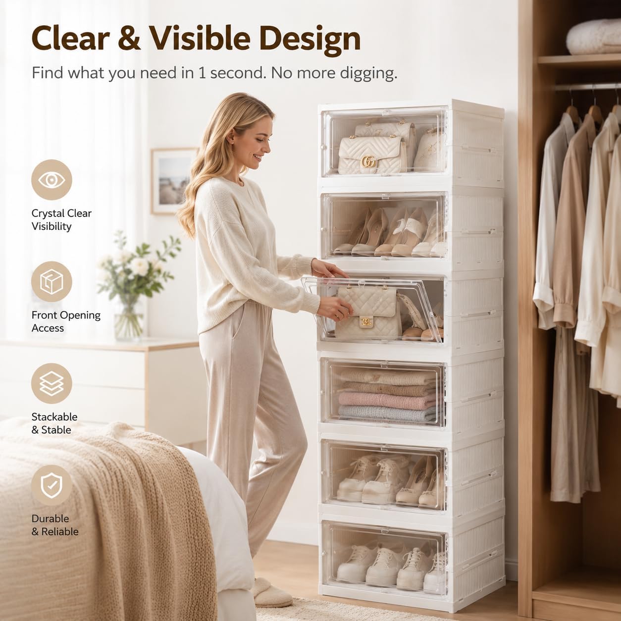 Clear Shoe Boxes Stackable, 3-Second Setup Foldable Shoe Storage Organizer, Heavy Duty Plastic Drop Front Shoe Bins for Closet Organizers and Storage, Fits US Size 13 Sneakers & Sweaters