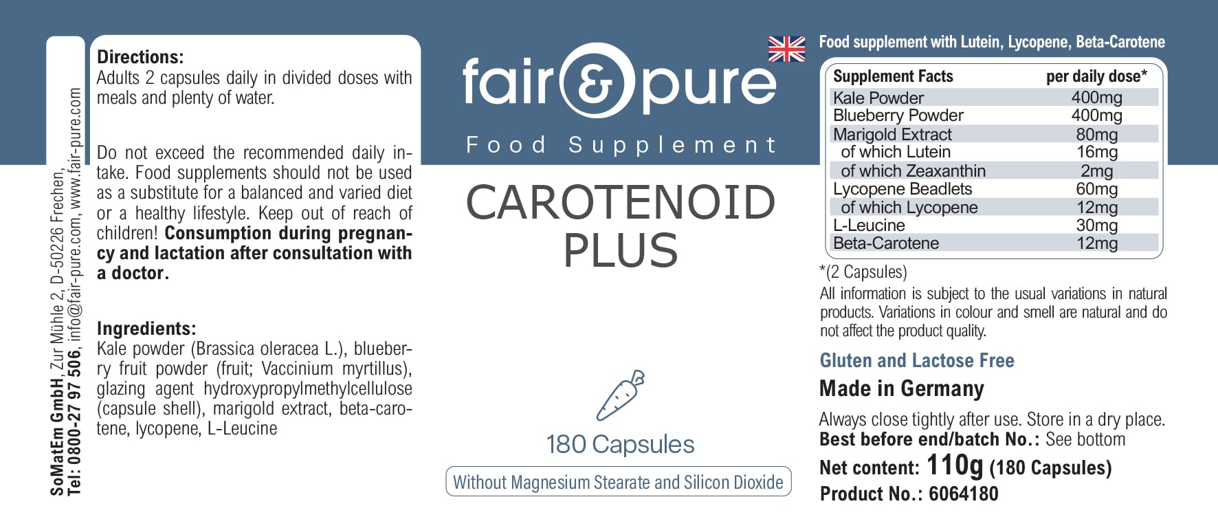 Fair & Pure® - Carotinoidi Plus - Complesso di carotenoidi - Con Beta-carotene, luteina, zeaxantina e licopene - Vegan - 180 Capsule